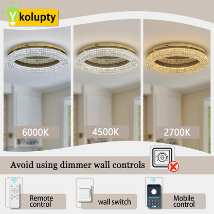 ykolupty 40'' Crystal Chandelier for Living Room Large Chandeliers for Living Room Crystal Flat Mounted Ceiling Lights Dining Room Bedroom Dimmable 2700-6000K (Gold Chandelier)