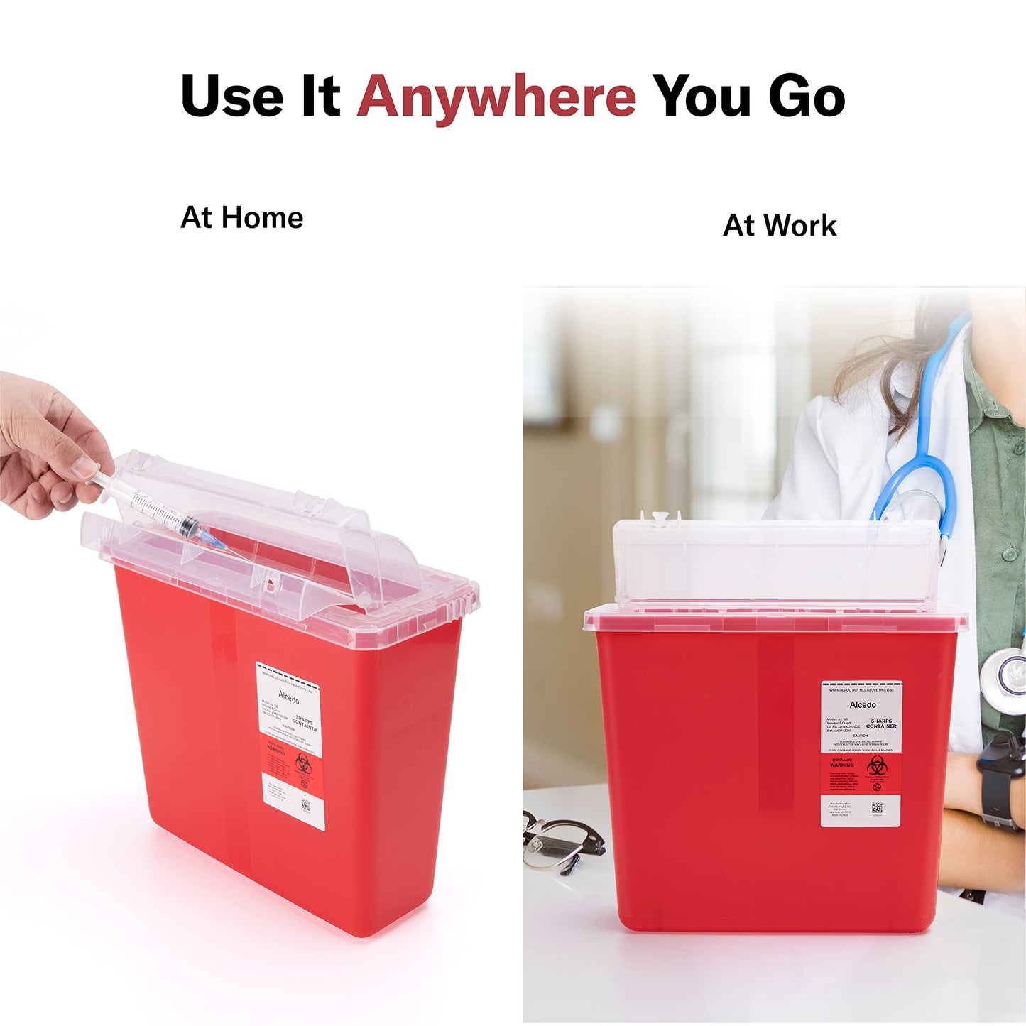Alcedo Sharps Container for Home and Professional Use 5 Quart (2 Pack), Biohazard Needle and Syringe Disposal, Mailbox Style Lid, Medical Grade