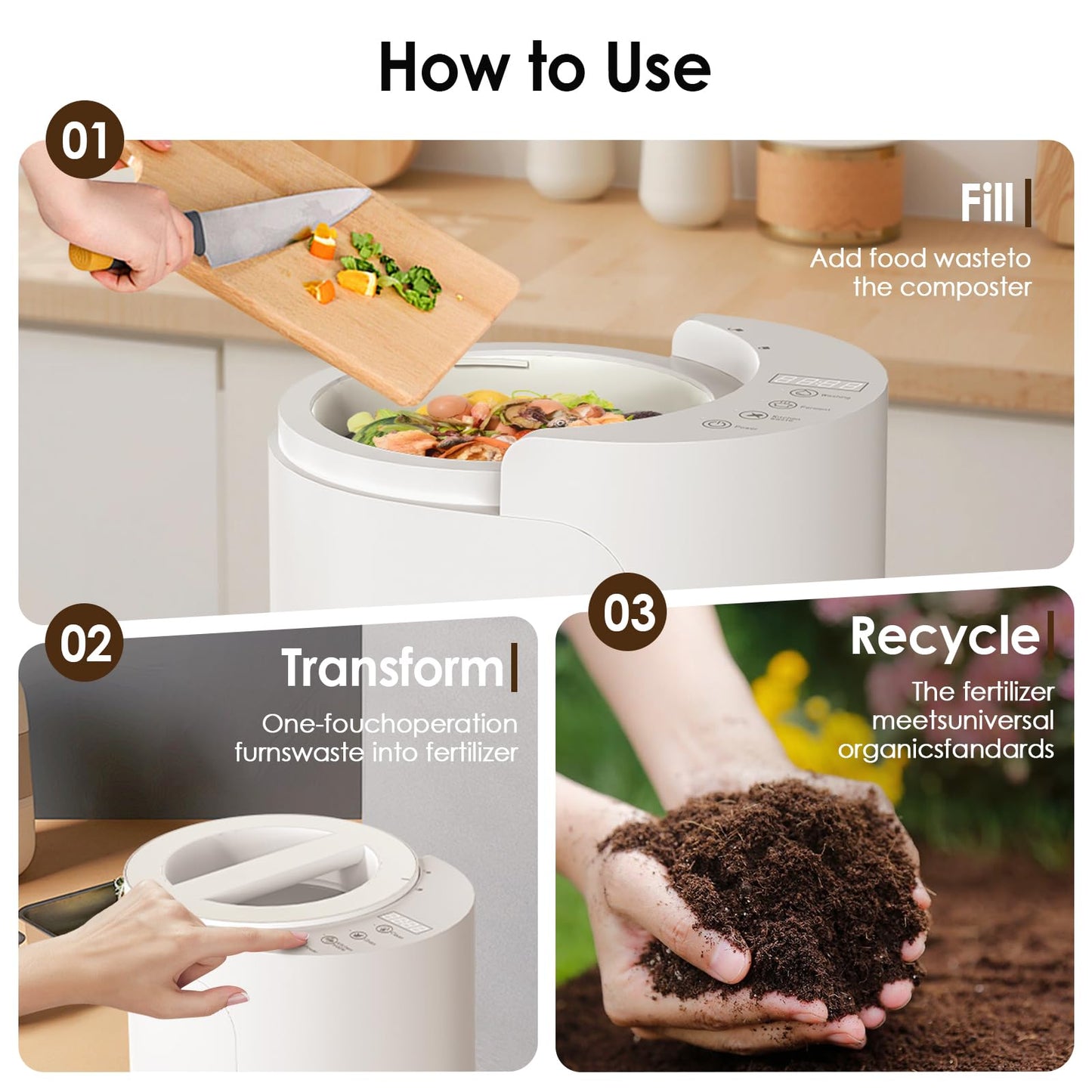 Electric Composter for Kitchen, 3L Food Recycler Composter with Auto-Cleaning/Odor-Free/LED Display/Low Noise, Smart Countertop Compost Bin 4-6H Turn Food Waste into Fertilizer for Home Indoor Use
