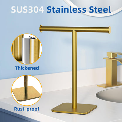 RUACQ Hand Towel Holder Stand, T-Shape Stainless Steel Free Standing Towel Rack, Vanity Countertop Towel Holder for Bathroom Kitchen Heavy Duty (Brushed Gold)