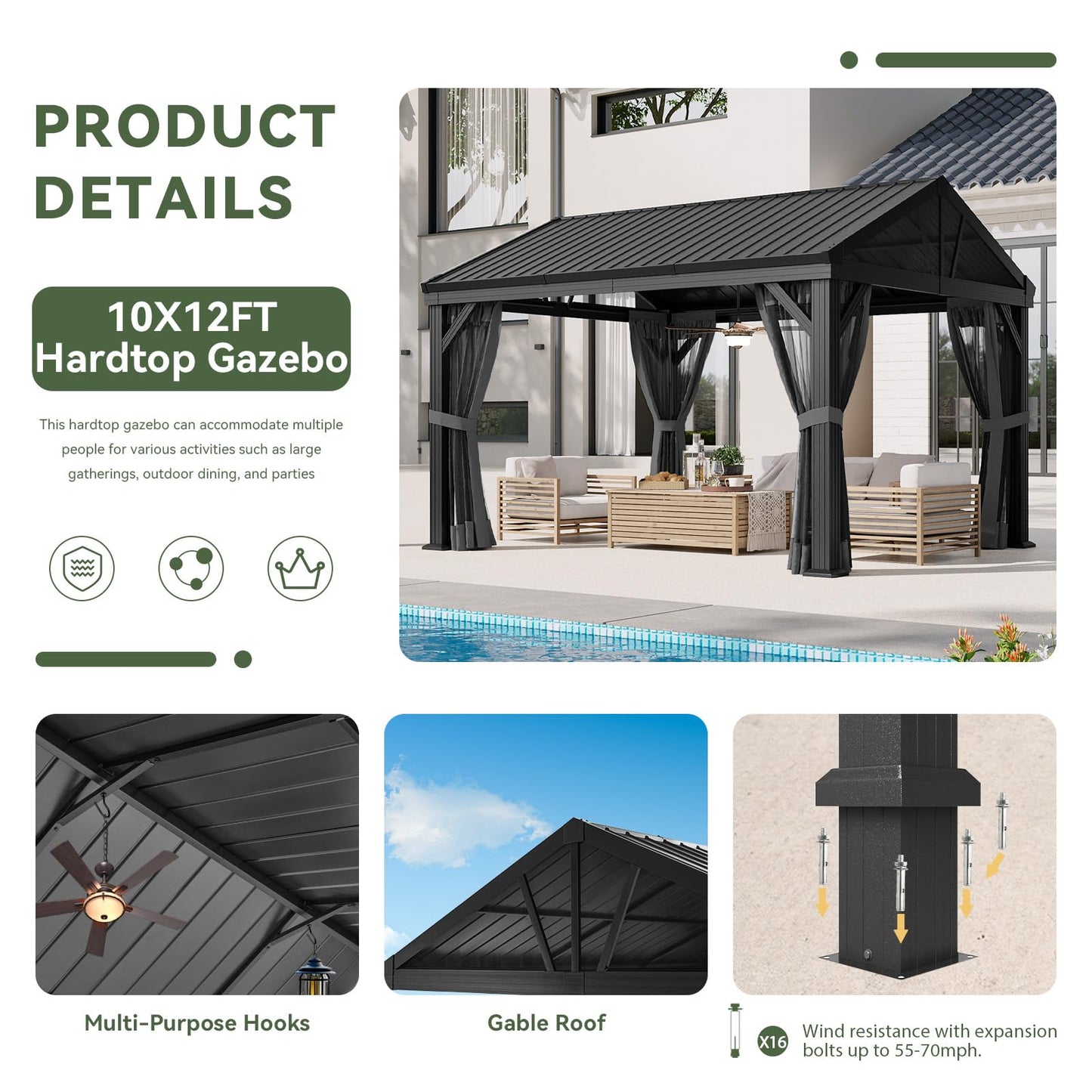 Aoxun 10' X 12' Single Hardtop Gazebo, Aoxun Outdoor Pavilion with Galvanized Steel Gable Roof, Fully Enclosed Netting Permanent Metal Gazebo Canopy for Patio Backyard Garden Deck