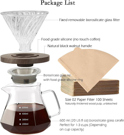 Pour Over Coffee Maker, 20 oz Borosilicate Glass Carafe with 100 pcs V60 Paper Filter, Walnut Handle, Clear