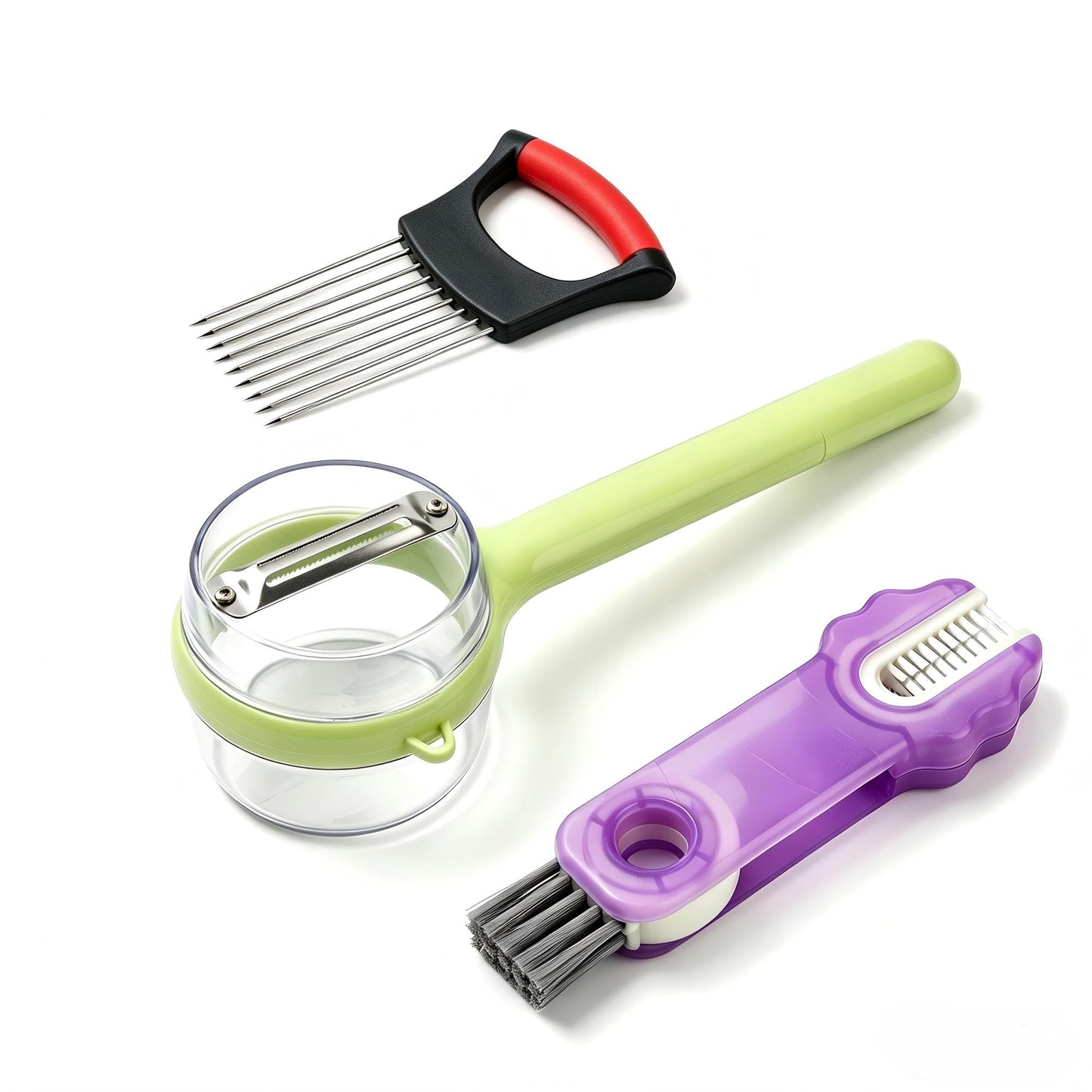 Quilive 3-Piece Kitchen Set – Stainless Steel Onion Holder Slicer with 10 Forks, Peeler with Storage Box, 3-in-1 Cup Lid & Gap Brush – for Slicing Potato, Avocado, Eggs, Lemon, Meat