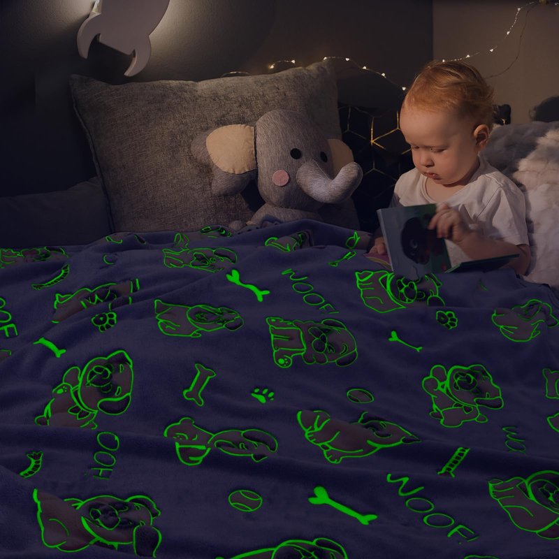 ORDM Glow in The Dark Blanket Dog Pattern Blankets Pug Gifts for Pug Lovers Doggy Throw Blanket Fleece for Kids Adults