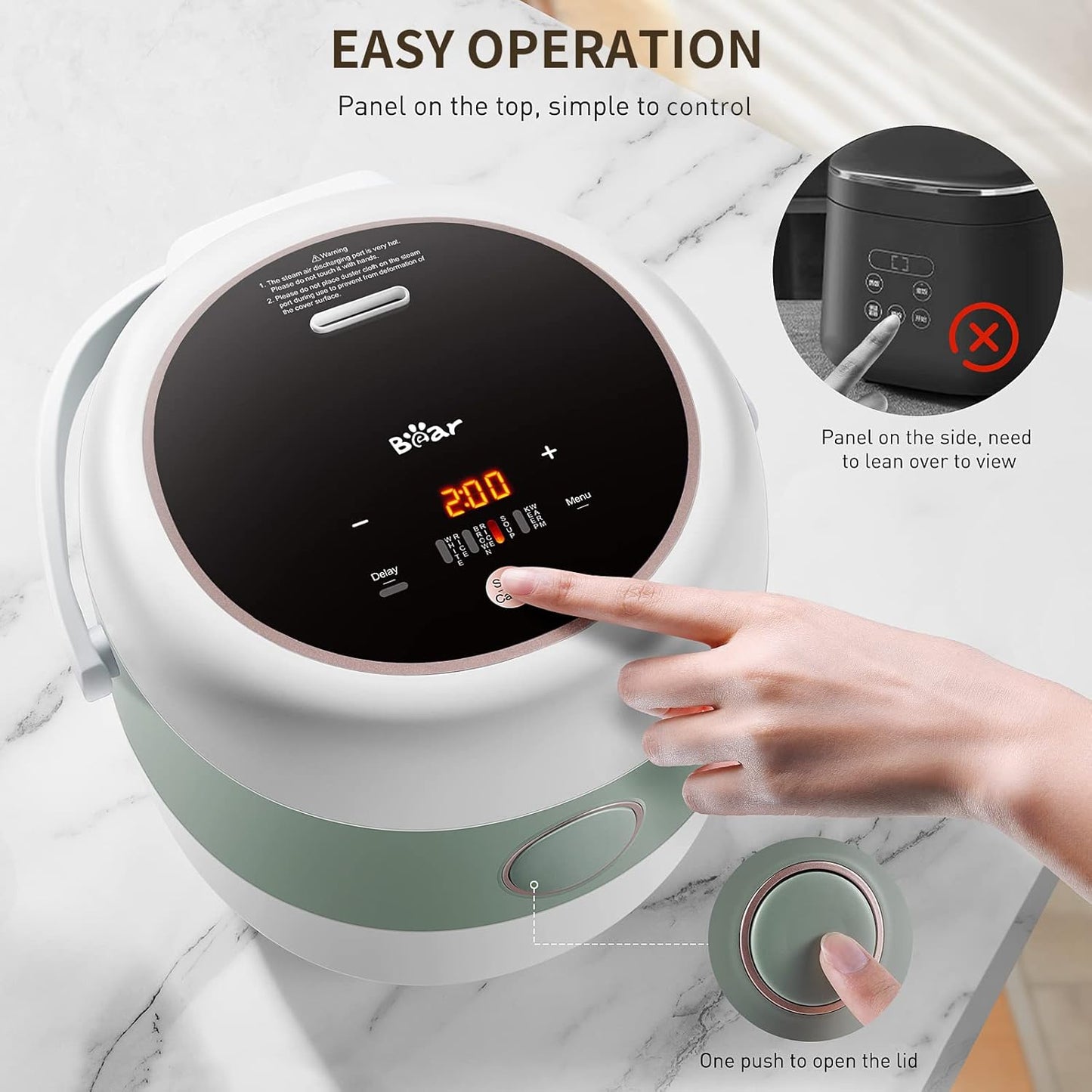 Bear Rice Cooker 3 Cups (Uncooked), 3D Heating & Fuzzy Logic, Healthy Nonstick Small Rice Cooker, White