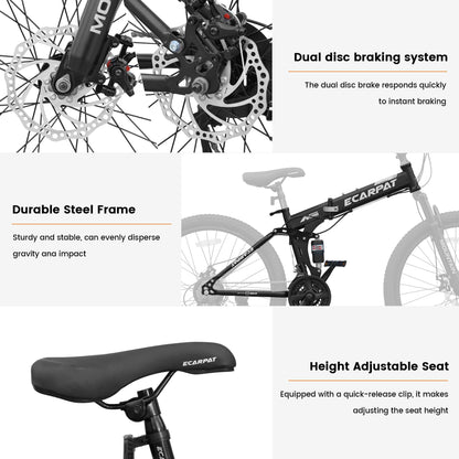 Ecarpat Folding Mountain Bike- 26 Inch Bikes for Adults, 21 Speed Full Suspension Foldable Bike for Men or Womens Bike Riders, High Carbon Steel Frame Dual Disc Brake MTB for Trek and Commuter