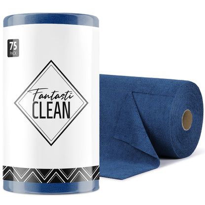 Fantasticlean Microfiber Cleaning Cloth Roll -75 Pack, Tear Away Microfiber Towels, 12" x 12", Reusable, Washable, Scratch Free, Ultra Absorbent for All-Around Cleaning Supplies (Navy Blue)