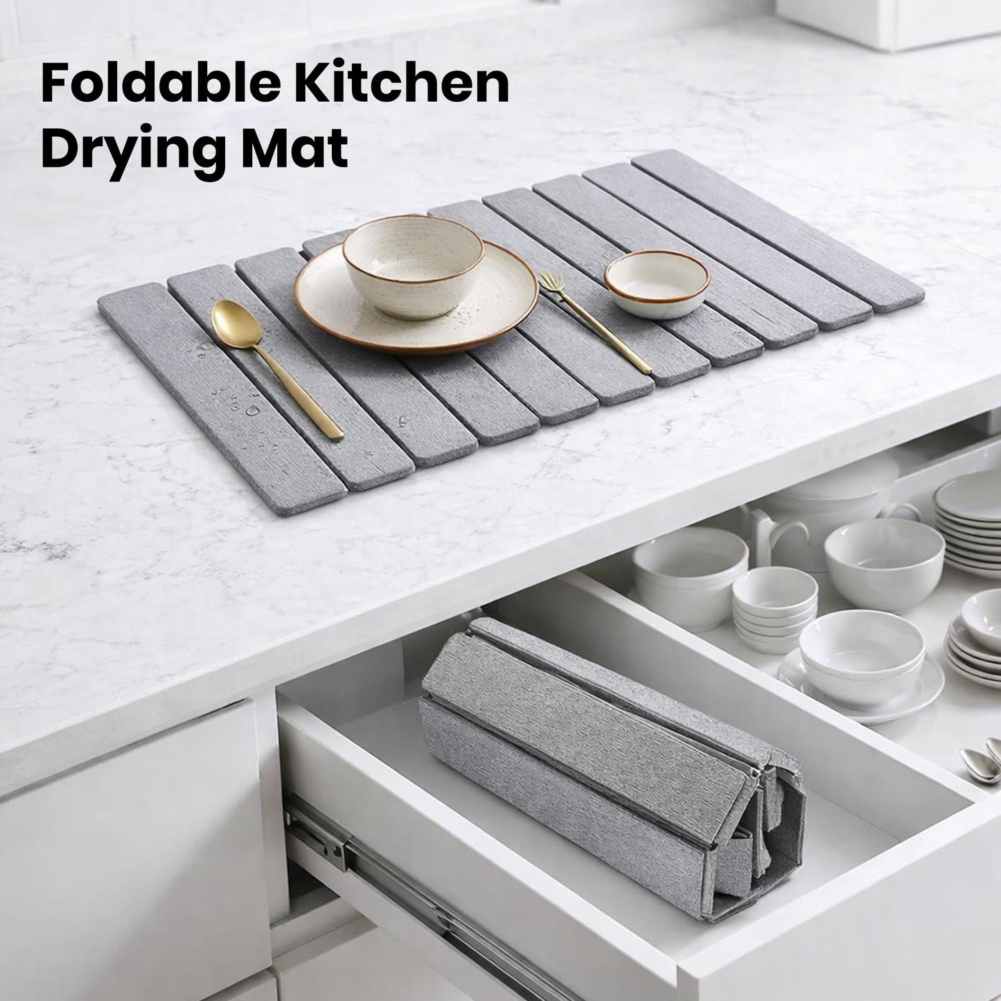 AUDRILO Kitchen Dish Drying Mat - Super Absorbent Microfiber Countertop Drainer Pad, Quick Dry Sink Mat for Dishes, Glassware & Utensils, Non-Slip Kitchen Counter Protector (Light Grey)