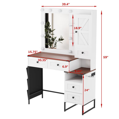 NUNU LAB Large Vanity Desk with Mirror and Lights with 5 Drawers, Women Makeup Table with Power Outlet, 3-Color Adjustable Lighting for Bedroom Brown (006 White & Brown, 39.37 * 17.75 * 58.27in)
