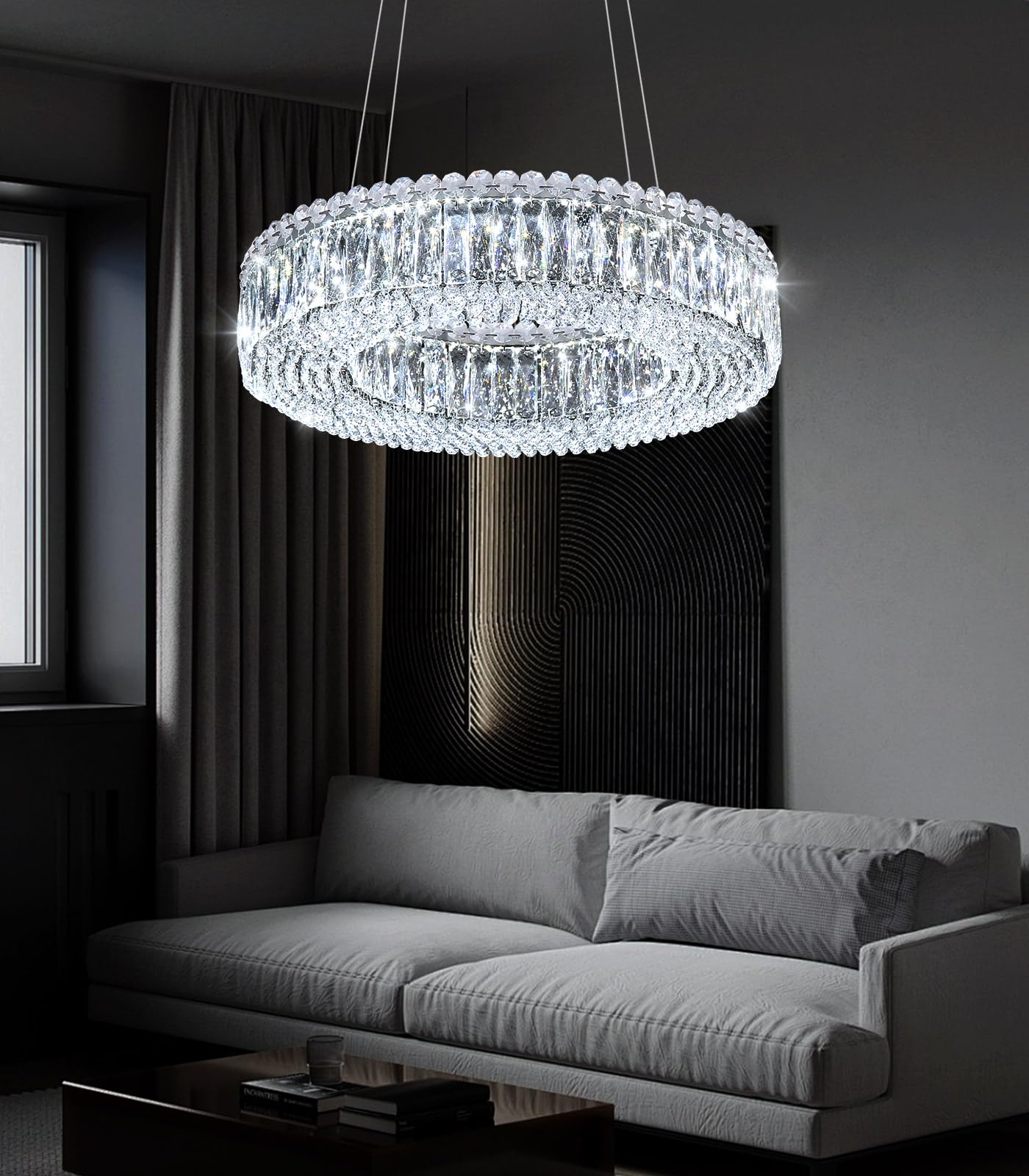 dolria Modern Crystal Pendant Lighting for Dining Room LED Dimmable Chandeliers Crystal Ceiling Light Fixtures for Living Room Foyer Hallway Entryway Silver