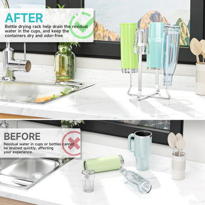 Bottle Drying Rack Reusable Drying Rack for Bottles Metal Foldable Water Bottle Dryer Holder Space Saving Cups Dryer Racks Kitchen Stand Holder for Plastic Bags, Bottles and Cups (Silver, 1PC)