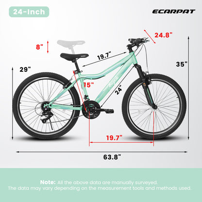 HIWORK Mountain Bike 24 Inch, High Density Carbon Steel Frame Girls Bike with 21-Speed Front Suspension Dual V-Brakes, Bike for Teenagers Girls Womens Bicycle | Light Green