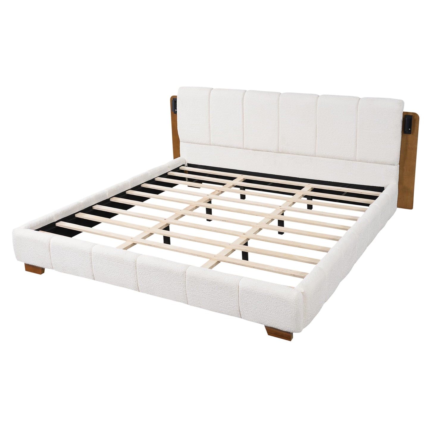 Christopher Knight Home Dora Boucle Upholstered King Bed Frame and Headboard, King Platform Bed and Reading Light, Wooden King Size Bed Frame with Tufted Design, No Box Spring Needed, White + Brown