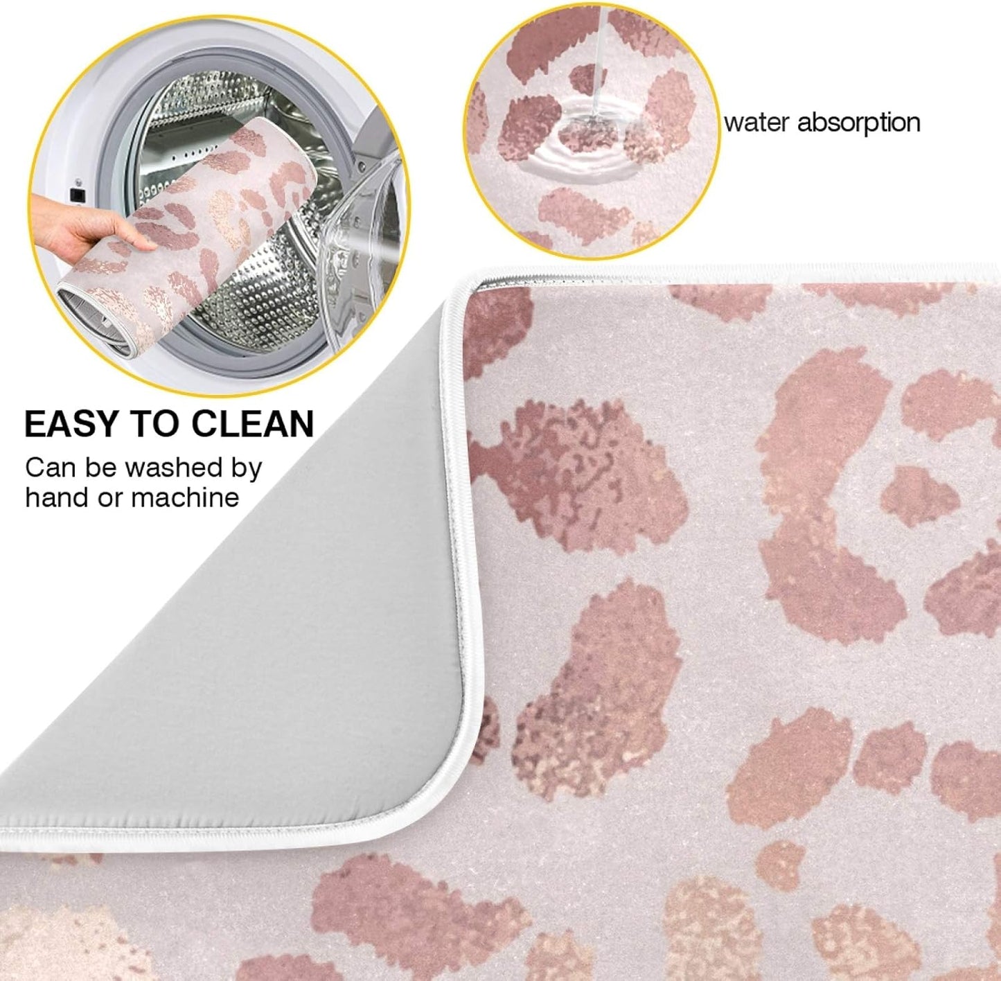 OREZI Absorbent Dish Drying Mat, Rose Golden Leopard Print, 16 x 18 Inches for Kitchen Counter