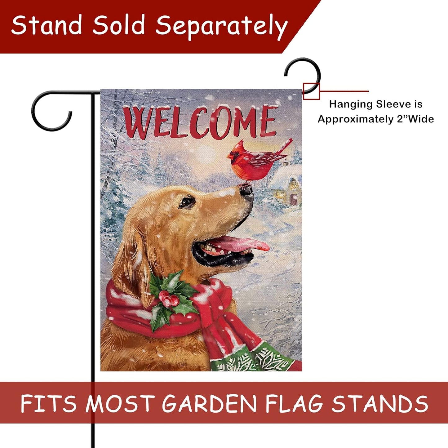 Welcome Winter Golden Retriever Dog Decorative Burlap Garden Flag, Puppy Cardinal Pet Home Yard Decor, Double Sided 12