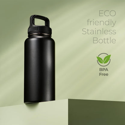 SipX™ 32 oz Insulated Water Bottle with 3 Lids – Leakproof Stainless Steel, Triple Insulated – Cold 24 Hours/Hot 12 Hours – Durable Bottle for School, Gym, Travel – Black