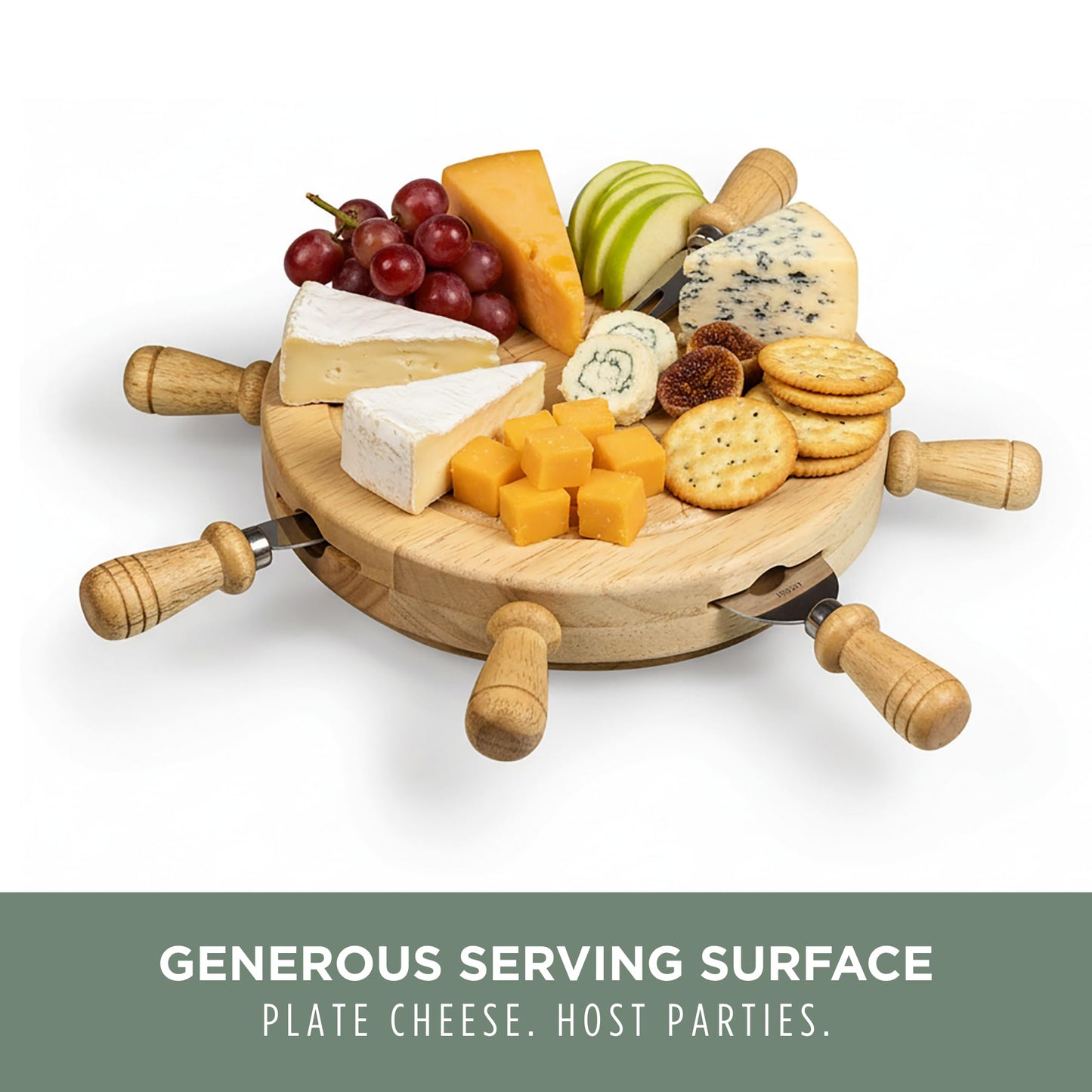 PICNIC TIME Mariner Cheese Board and Knife Set, Novelty Charcuterie Board Set with Stainless Steel Tools Housed in Helm Case Under the Lid, Swivel-Open Serving Platter, and Charcuterie Set, (Parawood)