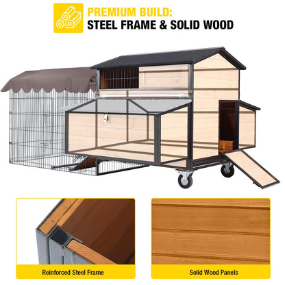 Large Mobile Chicken Coop with Run, Wheels & Leakproof Pull-Out Tray – Weatherproof Hen House with Nesting Box for Chickens, Ducks, Rabbits