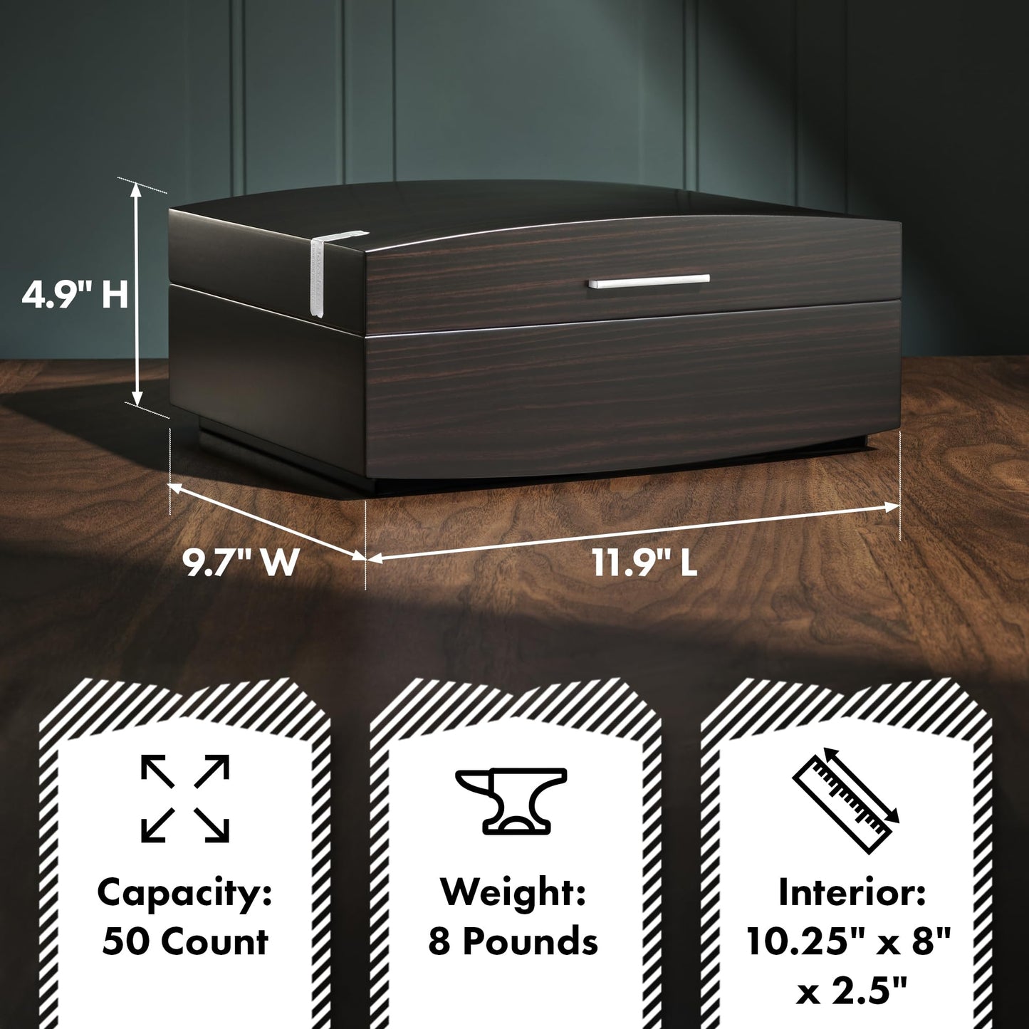 Boveda Bespoke Spanish Cedar Humidor Cigar Box with Macassar Ebony Matte Finish, Custom-Built Holder, Includes 84% Seasoning Packs and 69% Size 320 Humidity Pack, 50 Cigar Capacity