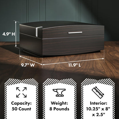 Boveda Bespoke Spanish Cedar Humidor Cigar Box with Macassar Ebony Matte Finish, Custom-Built Holder, Includes 84% Seasoning Packs and 69% Size 320 Humidity Pack, 50 Cigar Capacity