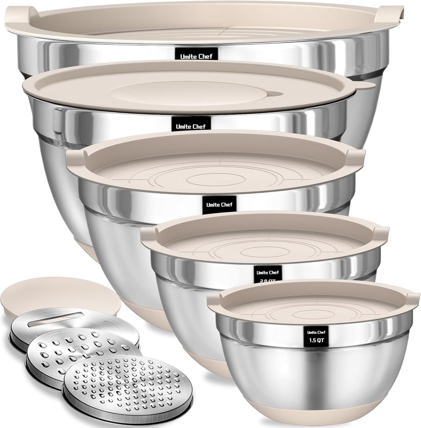 Umite Chef Mixing Bowls Set - 8PCS Stainless Steel Nesting Bowls with Airtight Lids & Grater | Non-Slip Bottoms, 1.5QT to 5QT