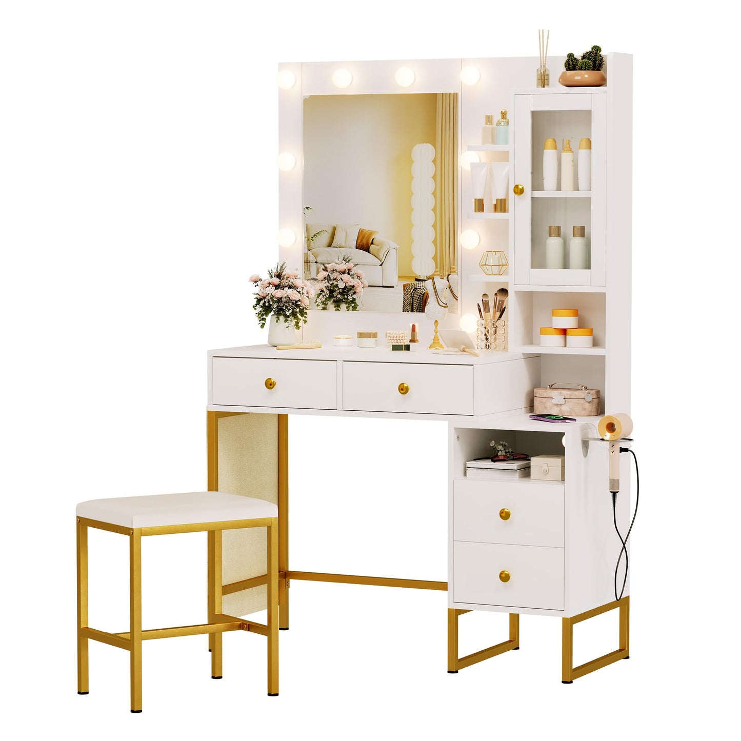 NUNU LAB Morden Makeup Vanity Desk with Mirror, Bedroom Dressing Table Set with Storage Shelf and 5 Drawers, Large Vanity Table with 10 LED Lights for Women, Girls, Teens