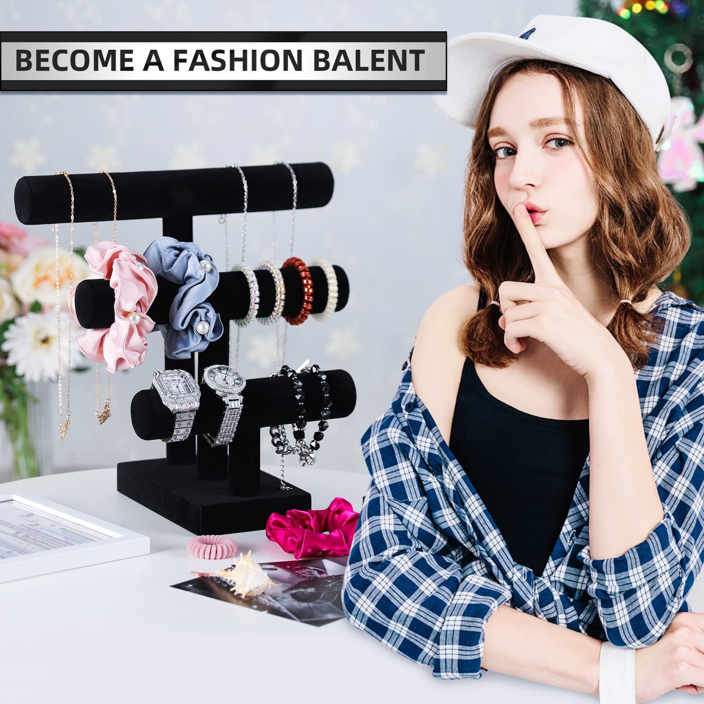 ByKen Jewelry T Bar Bracelet Display Stand,Bracelet Organizer Holder,Jewelry Display Stand, Necklace Bangle Scrunchie Watch Organizer (Black, 3 tier)