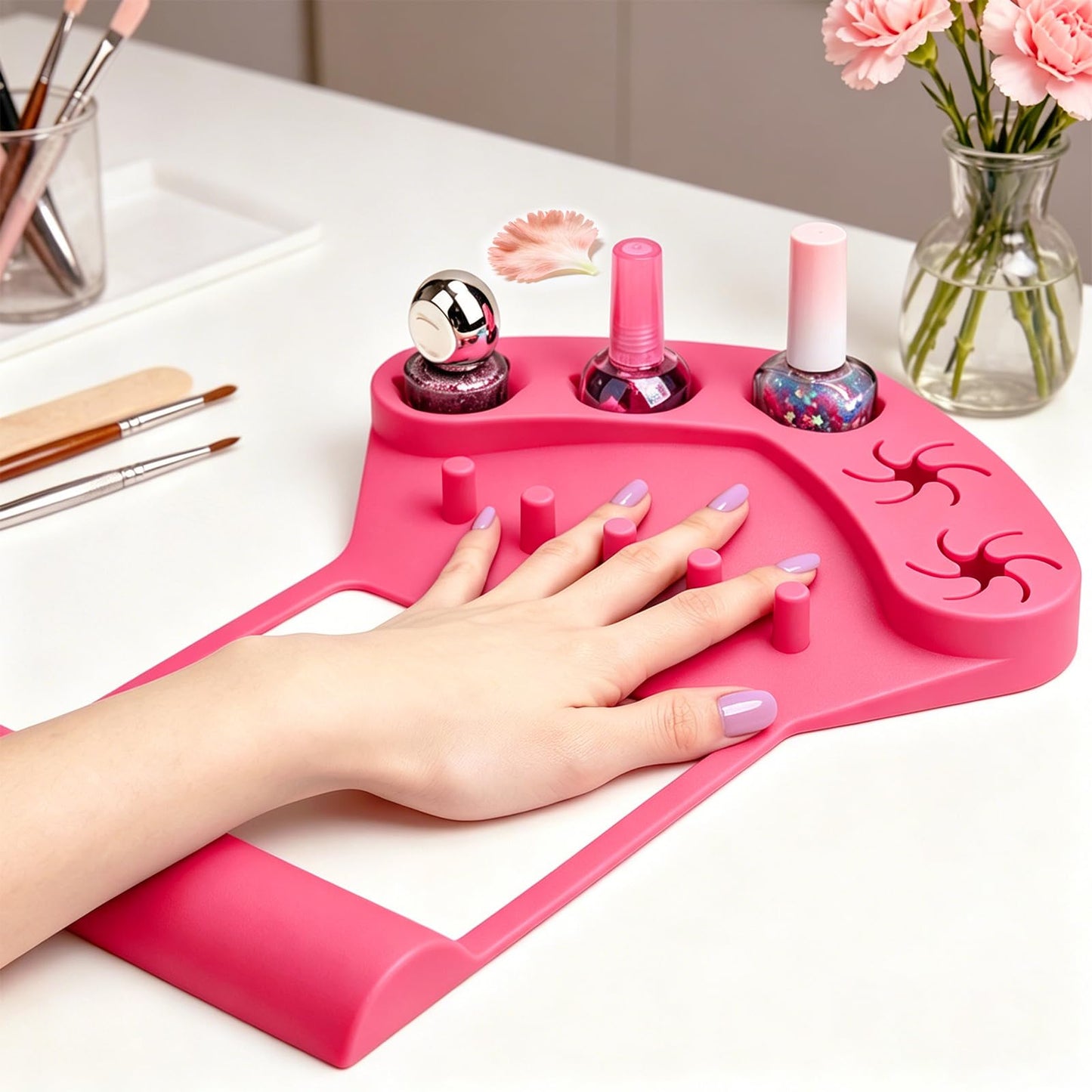 3-in-1 Silicone Nail Arm Rest & Nail Polish Holder for Manicure and Pedicure,Hand Rest Mat with Anti-Spill Bottle Stand & Finger Separators for Nail Art Tools,Fingernail Painting Accessories(Rose Red)