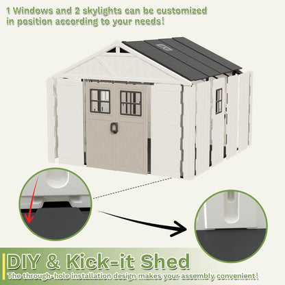 Greesum 10×8FT Plastic Outdoor Storage Shed with Floor and Lockable Door, Resin Sheds with Windows and Skylights, Organization for Garden, Backyard, Pool Supplies, Beige