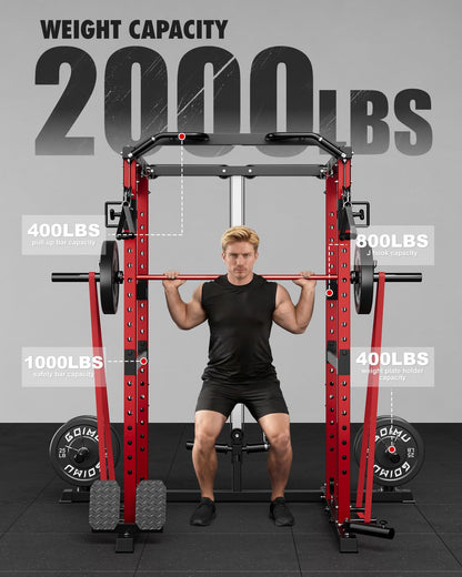 GOIMU RH01 Power Cage Rack, 2000LBS Squat Rack with with Cable Crossover System&LAT Pull Down System, Multi-Function Workout Cage for Home&Garage Gym (Red, RH01 Power Cage)
