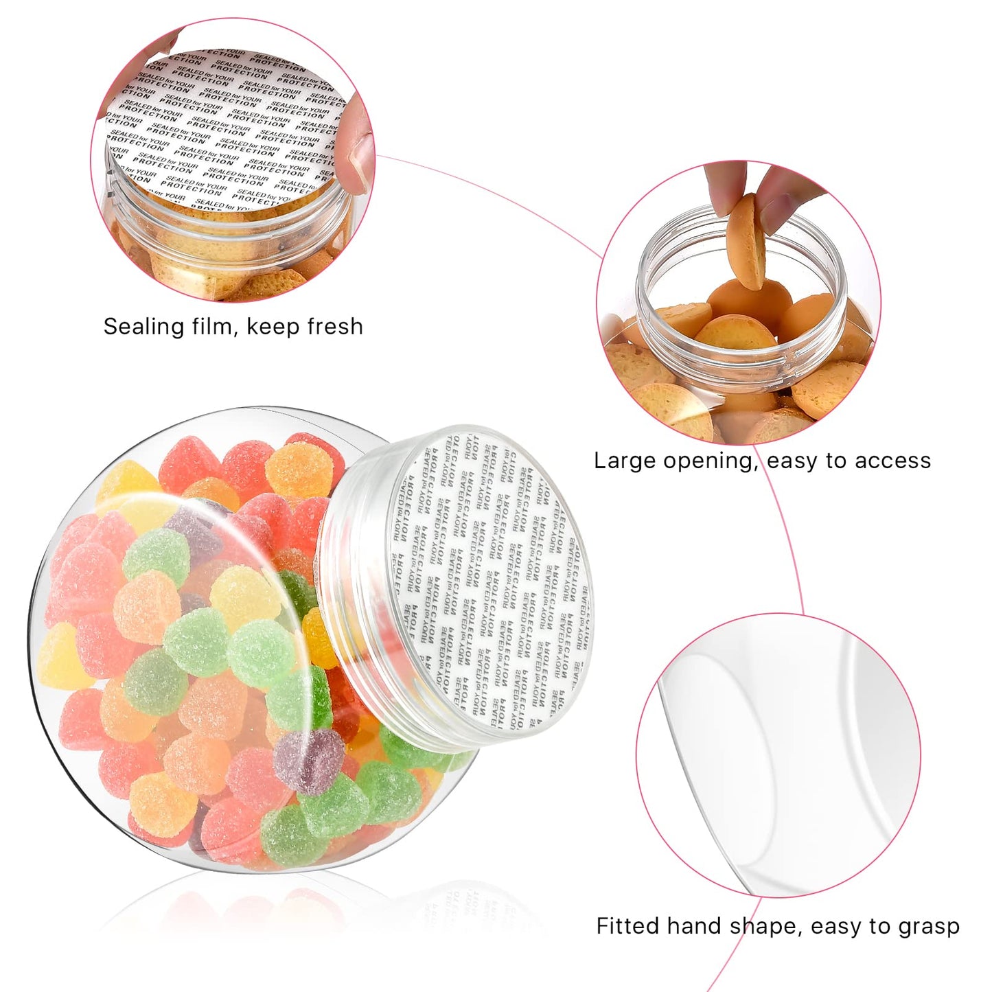 Elesunory 4-Pack 14.5 oz Clear Plastic Candy Jars with Lids, Airtight Candy containers for Individual Portions, Snacks, Treats & Crafts, Stackable, Shatterproof Kitchen Plastic Cookie Containers