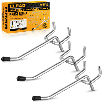 ELEAD 55-Piece 2 Inch Pegboard Hooks, Heavy Duty Peg Board Organizer Accessories, Peg Board Tool Hangers Fit for 1/4" and 1/8" Pegboard Hanging Tools Garage, Workshop, and Craft Storage