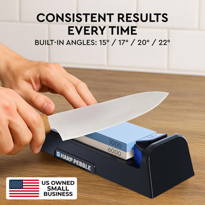 Sharp Pebble Complete Whetstone Knife Sharpening System – 1000/6000 Grit Wet Stone Sharpener Kit with Built-In Angle Guides (15°/17°/20°/22°) – Beginner-Friendly