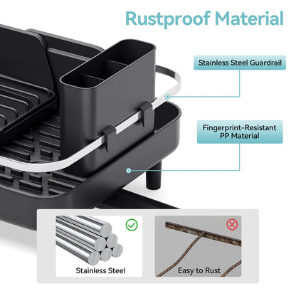 Urackify Expandable Dish Rack for Kitchen Counter,16.14"-23.62" Large Stainless Steel Dish Drying Rack with Adjustable Water Spout, Space Saving Dish Drainer with Auto Draining Cutlery Holder,Black