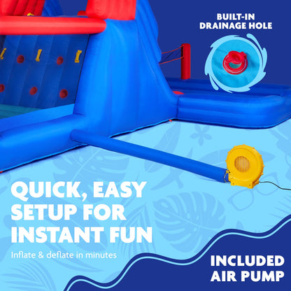 Sunny & Fun Ultra All-Play Inflatable Water Slide Park – Heavy-Duty for Outdoor Fun - Climbing Wall, Slides, Bounce House, Volley Net, Hoop, Deep Pool – Inflate w/Included Air Pump & Carrying Case