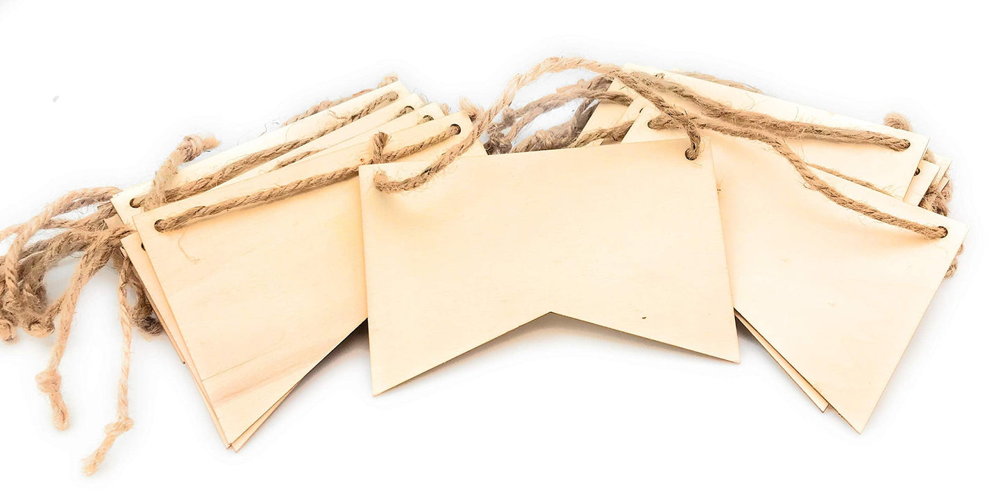Oojami 50-Pack Unfinished Wood Banner Flags with Twine – Natural Wooden Pennant Ornaments for Crafts, Painting, Wood Burning, and Laser Engraving – Custom Blank Garland Kit for Party & Event Decor
