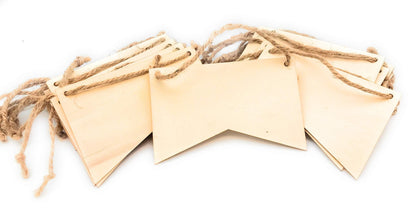 Oojami 50-Pack Unfinished Wood Banner Flags with Twine – Natural Wooden Pennant Ornaments for Crafts, Painting, Wood Burning, and Laser Engraving – Custom Blank Garland Kit for Party & Event Decor