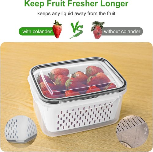 Freshmage Fruit Storage Containers - Airtight Produce Saver with Removable Colander | 6-Piece Set, Large Clear