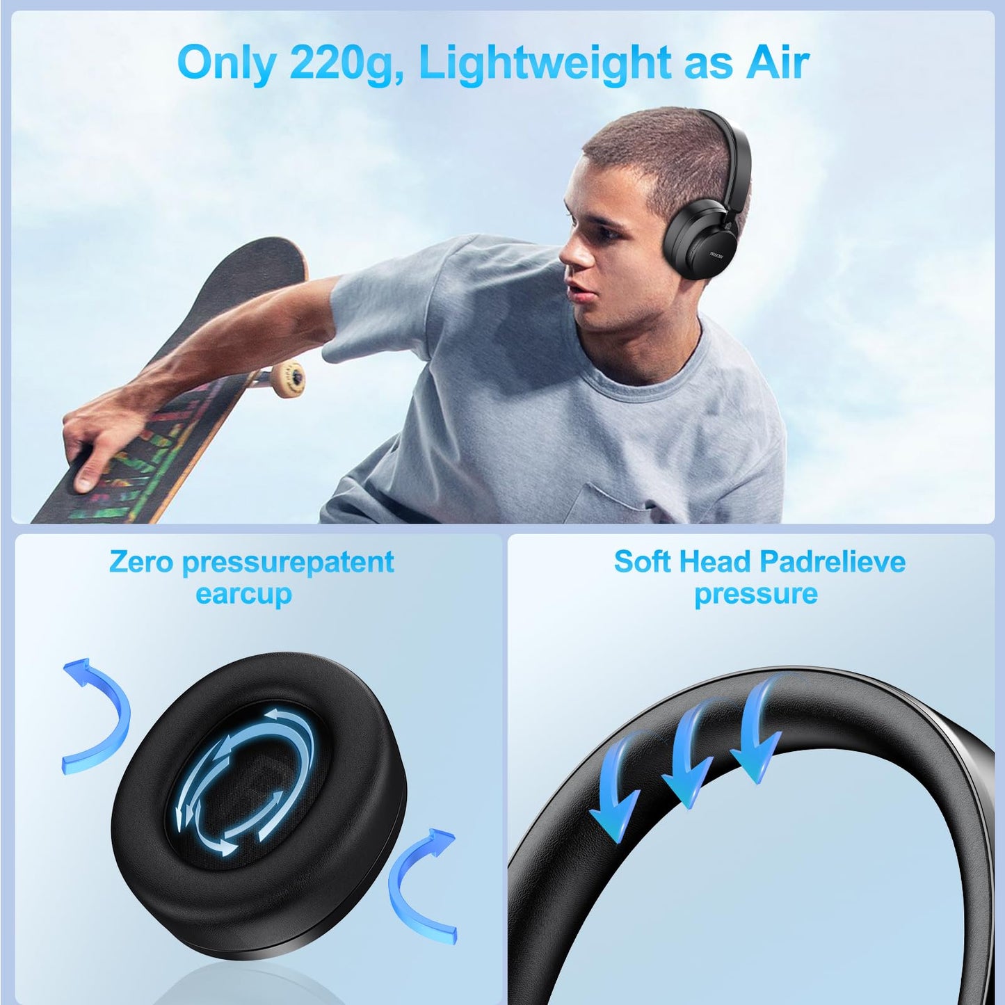 Over Ear Headphones Wireless Bluetooth, Noise Cancelling Headphones Bluetooth with Microphone, Cancelling Wireless Headphone Over Ear, 65h Playtime, Clear Calls, Comfort Fit For Travel (Black)