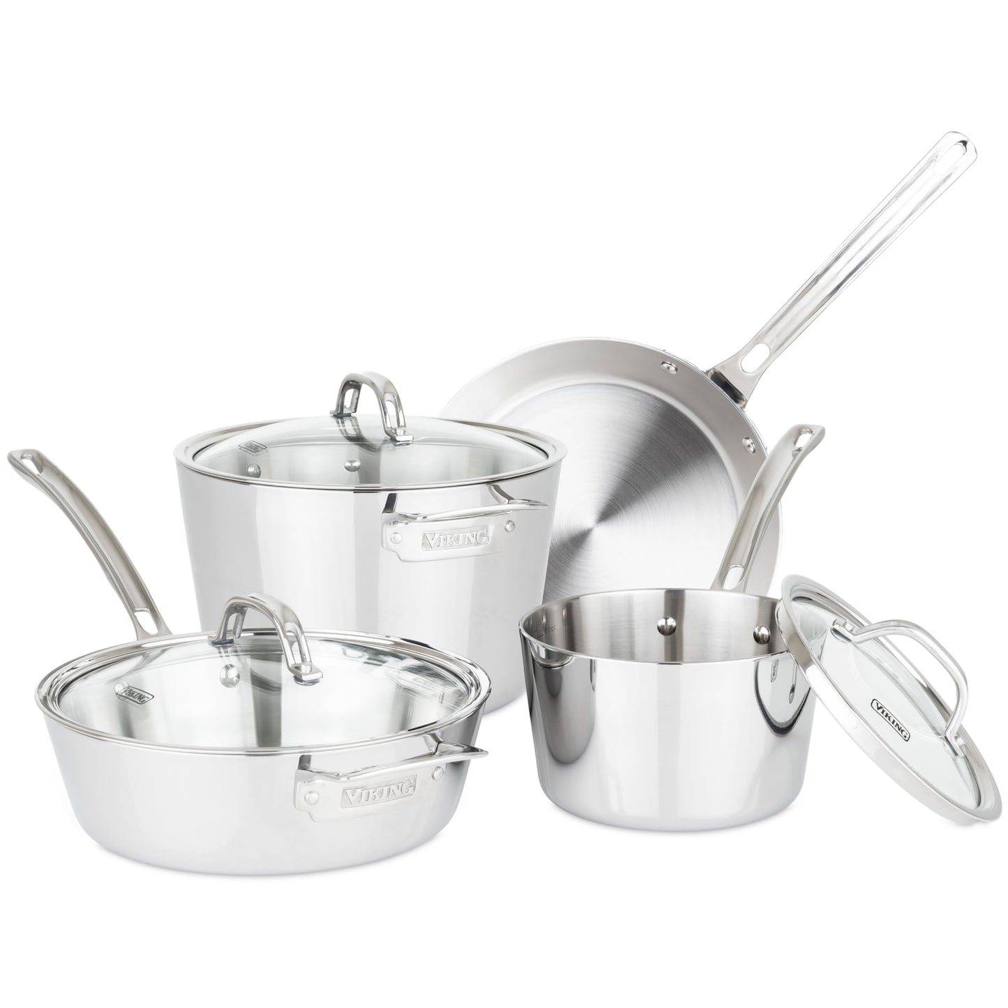 Viking Contemporary 3-Ply Pots and Pans Set, 7 Piece Stainless Steel Kitchen Cookware, Silver
