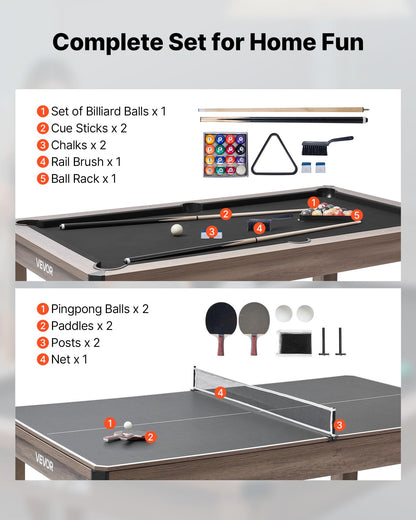 VEVOR 7ft Pool Table Combo Set, 3-in-1 Multi Game Billiards Tables with Dining Top and Ping Pong, 2 Benches for Storage and Accessories, Includes Ball Cue Rack Chalk Brush, for Family Recreation Room