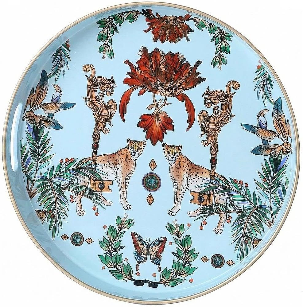 13" Zosenley Round Decorative Tray, Marbling Plastic with Handles, Modern Vanity and Serving for Ottoman, Coffee Table