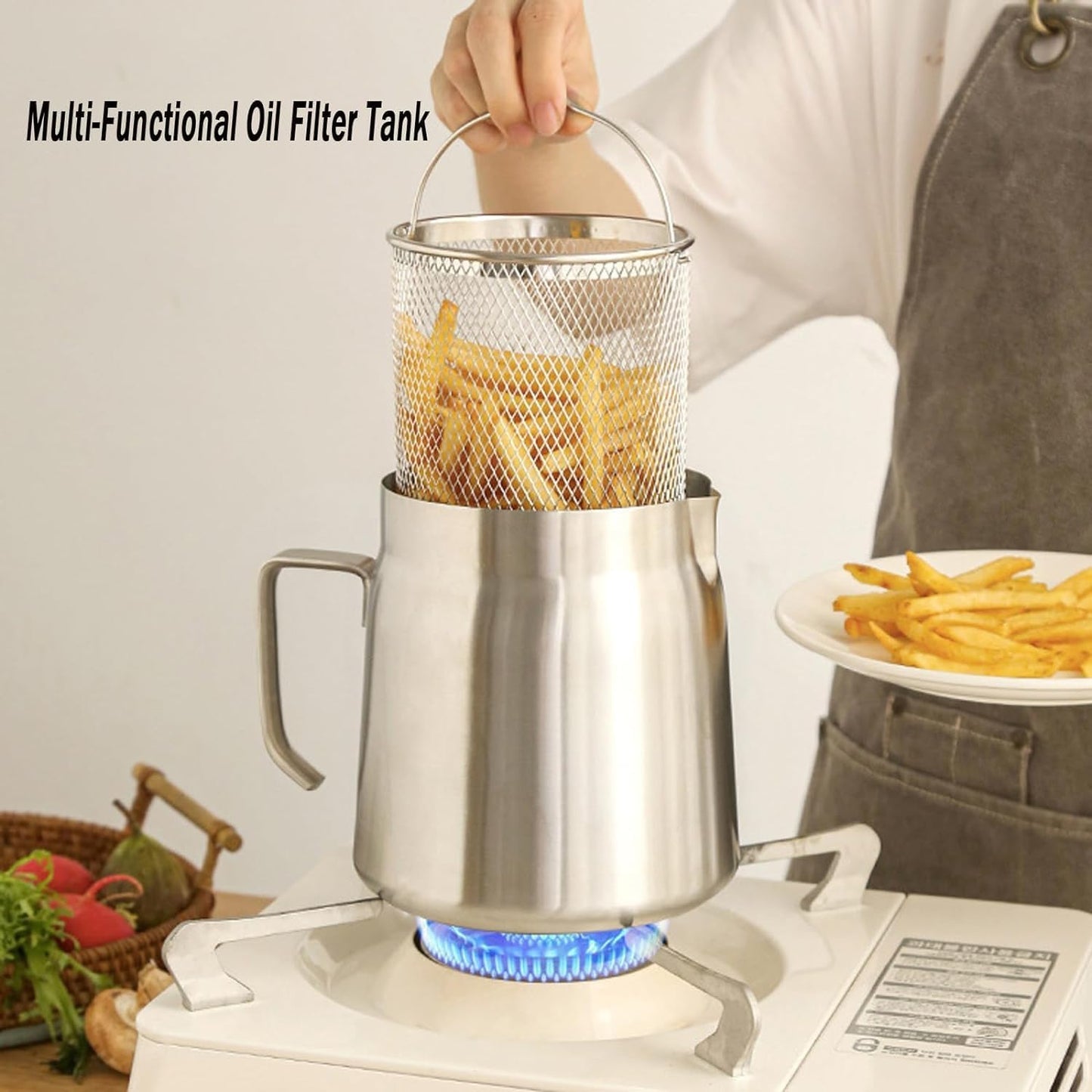 50oz 304 Stainless Steel Deep Fryer Pot with Basket & Strainer, Large Capacity Bacon Grease Container for Kitchen,Frying, Cooking, Camping,Oil Filter Container - Dishwasher Safe (50oz/1.5L/1.7Qt)