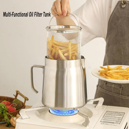 50oz 304 Stainless Steel Deep Fryer Pot with Basket & Strainer, Large Capacity Bacon Grease Container for Kitchen,Frying, Cooking, Camping,Oil Filter Container - Dishwasher Safe (50oz/1.5L/1.7Qt)