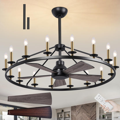 44" Wagon Wheel Chandelier with Fans, Black and Gold Wagon Wheel Ceiling Fan with 16-Light and Remote, Farmhouse Chandelier for Living Room, Adjustable Height, 6-Speed Reversible Quiet Large Fandelier