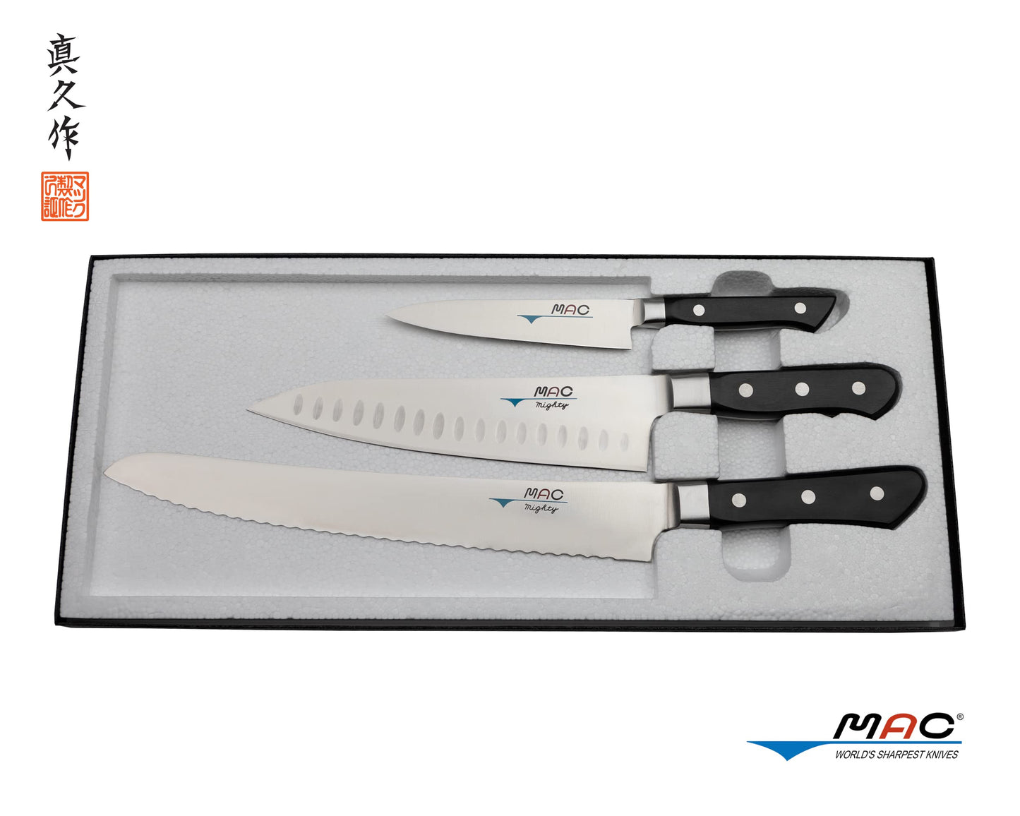 MAC Knife set Professional series 3-piece PRO-31, MTH-80 Pro series 8" Chef's knife w/dimples, PKF-50 Pro series 5" Paring knife, MSB-105 Pro series 10.5" Bread/Roast slicer, made in Japan