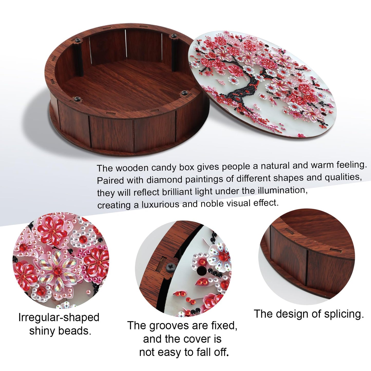 antor 5D Diamond Painting Snack Storage Box – Cherry Blossom Tree Design Round Wooden Container with Lid – Floral Elegant Crystal Rhinestone Art Craft Gift for Adults