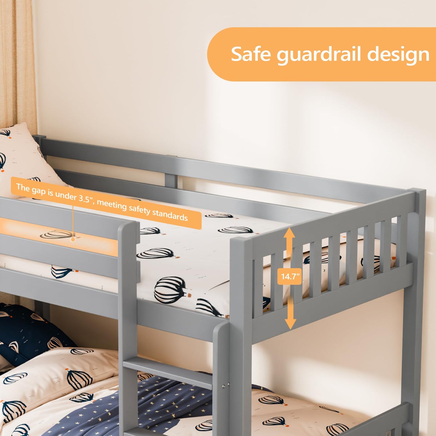 JOYMOR Solid Wood Low Twin Over Twin Bunk Bed for Kids/Junior, Bunk Bed Frame with Guardrails & Ladder for Boys Girls, No Box Spring Needed (Gray)