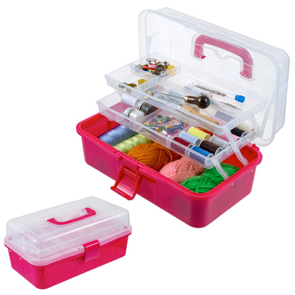 MyGift 13-Inch Dark Pink Plastic Craft Organizer and Storage Box – Clear Carrying Case with Latching Lid & 2 Expandable Trays for Sewing, Tools, First Aid, and Art Supplies