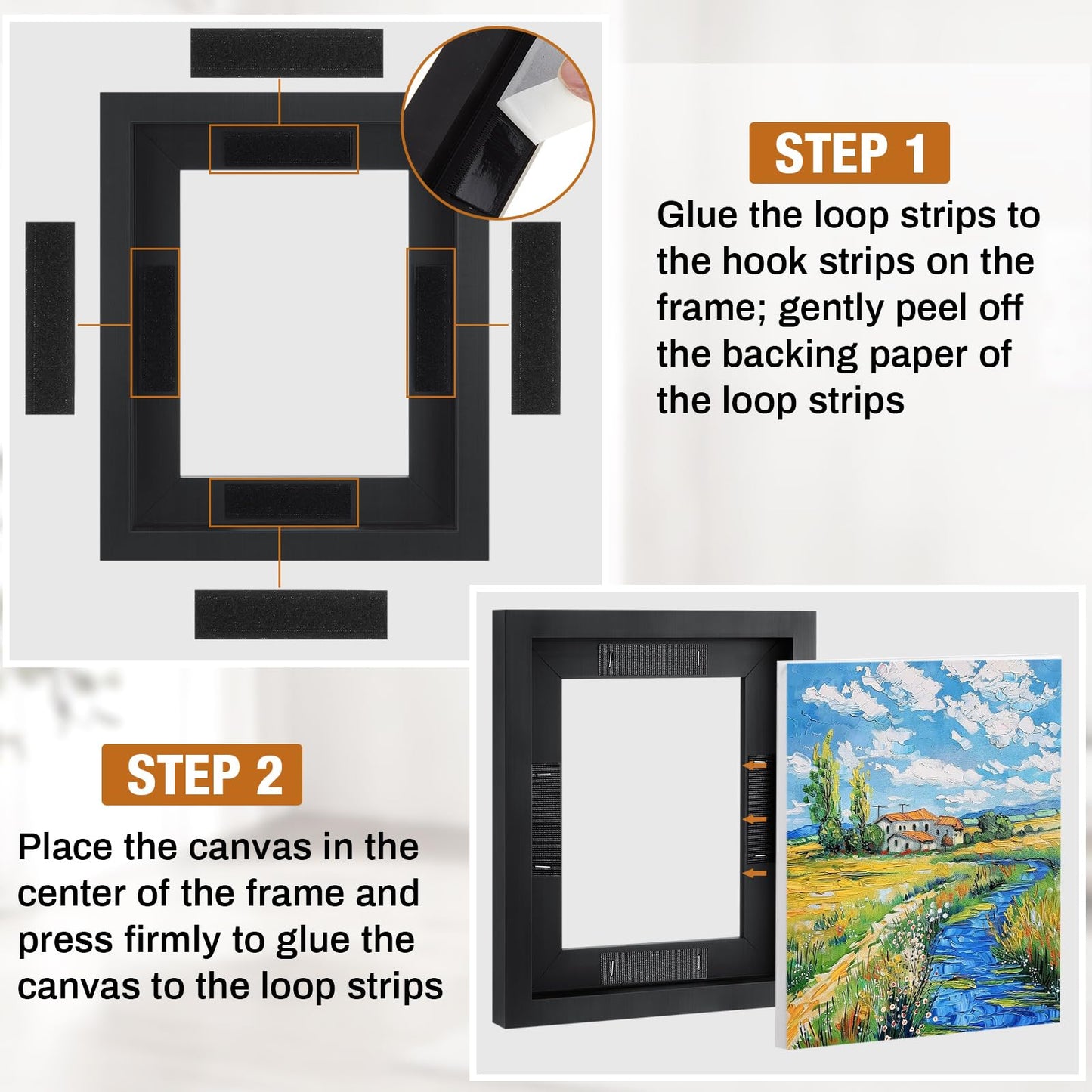 Qunclay 4 Pcs 8 x 10 Inch Canvas Floating Frame Black Floater Frames for Canvas Painting Wood Vertical and Horizontal Wall Hanging Frame with Adhesive Strips for Prints Oil Painting Diamond Decor